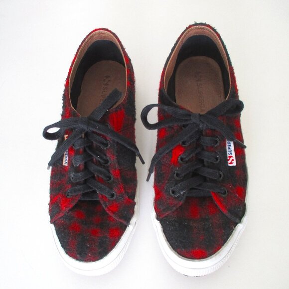 Superga Womens Red & Black Textile Plaid Fashion Sneaker - Size 7.5M or 38 EUR - Picture 4 of 9